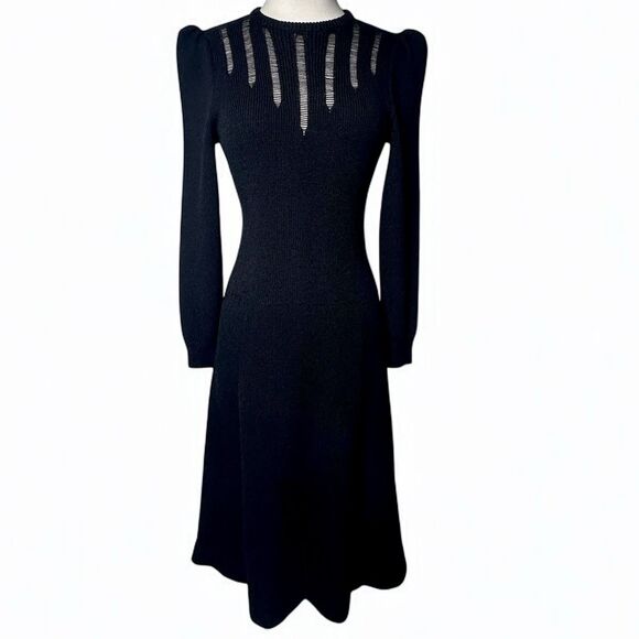 VTG St John Dress Size S Black Santana Knit Midi Dog Show Victorian Old Money - Picture 2 of 14